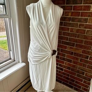 DKNY White Draped Faux Wrapped Midi Dress Drop Waist Metal Plate Accent Mermaid